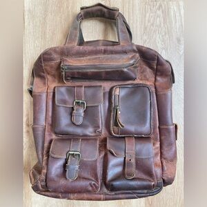Brown leather backpack unisex laptop bag pockets distressed school work retro